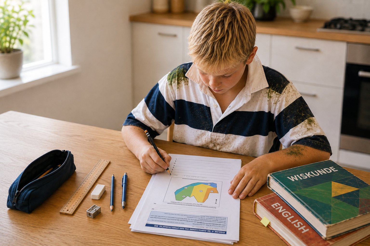 ’n Leerder werk aan ’n oefenblad by ’n tafel; Wiskunde- en Engelse handboeke lê langsaan.